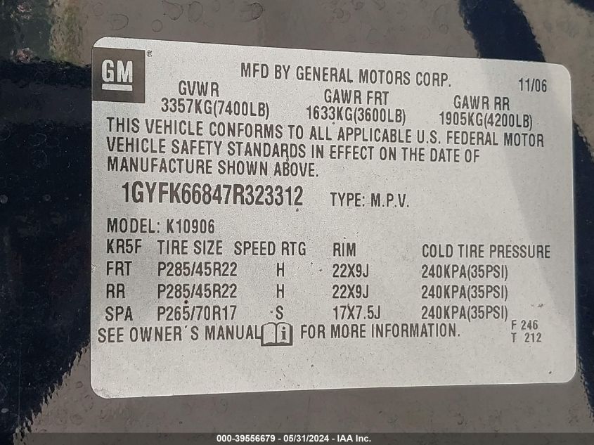 2007 Cadillac Escalade Esv Standard VIN: 1GYFK66847R323312 Lot: 39556679