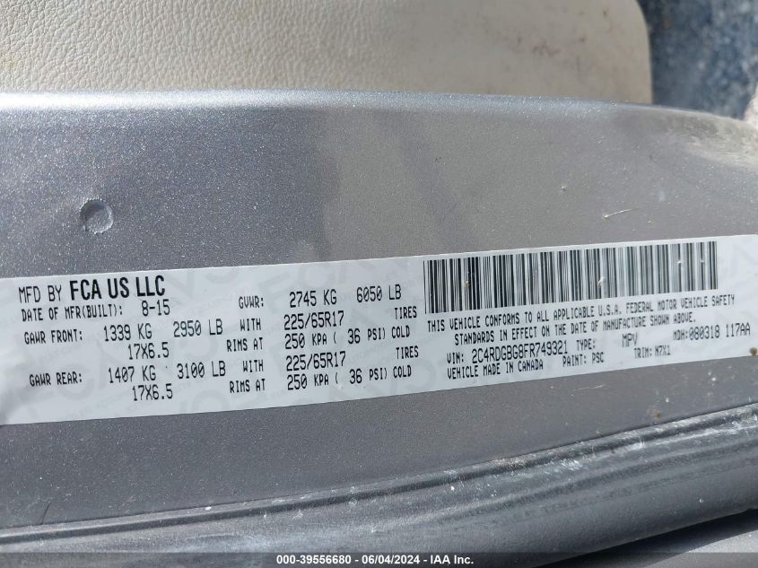 2015 Dodge Grand Caravan Se Plus VIN: 2C4RDGBG8FR749321 Lot: 39556680