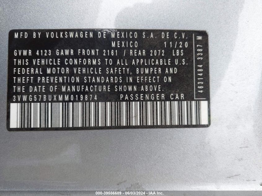 2021 Volkswagen Jetta 1.4T Sel Premium VIN: 3VWG57BUXMM019874 Lot: 39556689