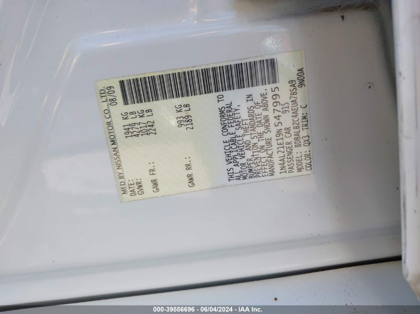 2009 Nissan Altima 2.5 S VIN: 1N4AL21E19N547995 Lot: 39556696