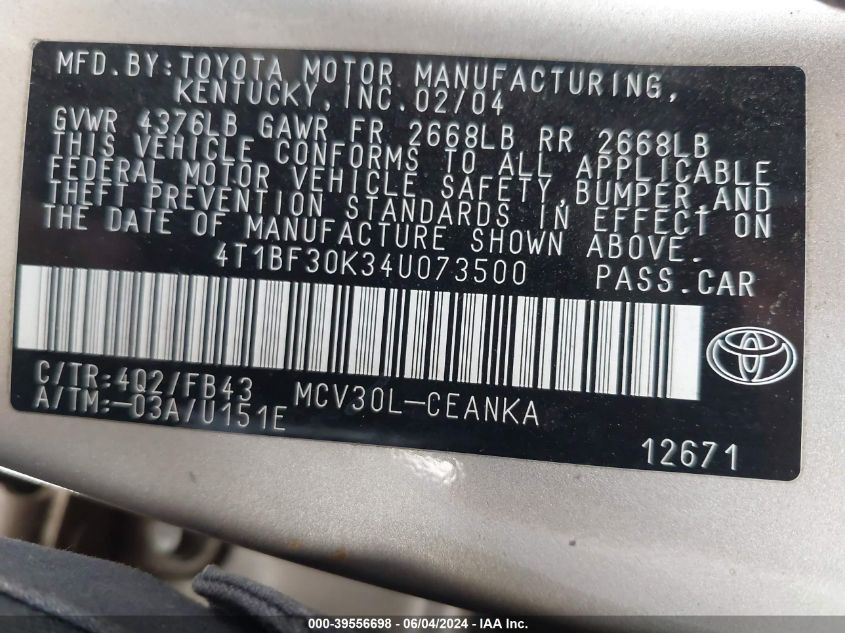 2004 Toyota Camry Le V6 VIN: 4T1BF30K34U073500 Lot: 39556698