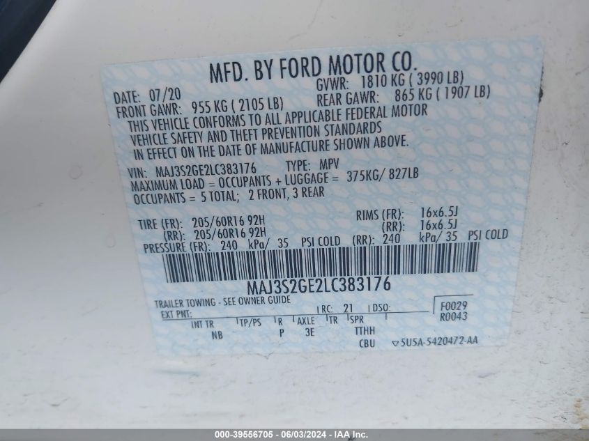 2020 Ford Ecosport Se VIN: MAJ3S2GE2LC383176 Lot: 39556705