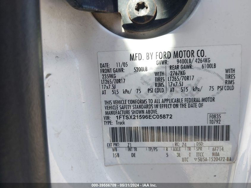 2006 Ford F-250 Lariat/Xl/Xlt VIN: 1FTSX21596EC05872 Lot: 39556709