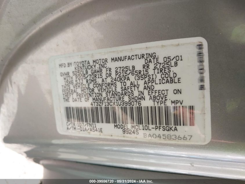 2001 Toyota Sienna Le VIN: 4T3ZF13CX1U399076 Lot: 39556720