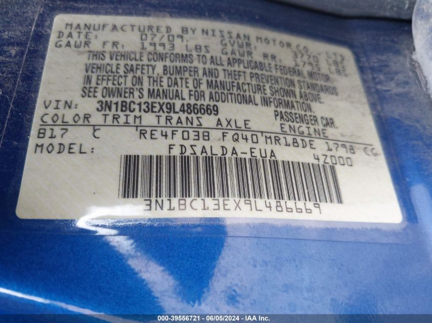 2009 Nissan Versa 1.8S VIN: 3N1BC13EX9L486669 Lot: 39556721