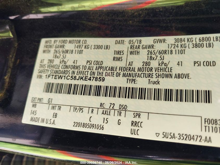 2018 Ford F-150 Lariat VIN: 1FTEW1C58JKE47859 Lot: 39556745