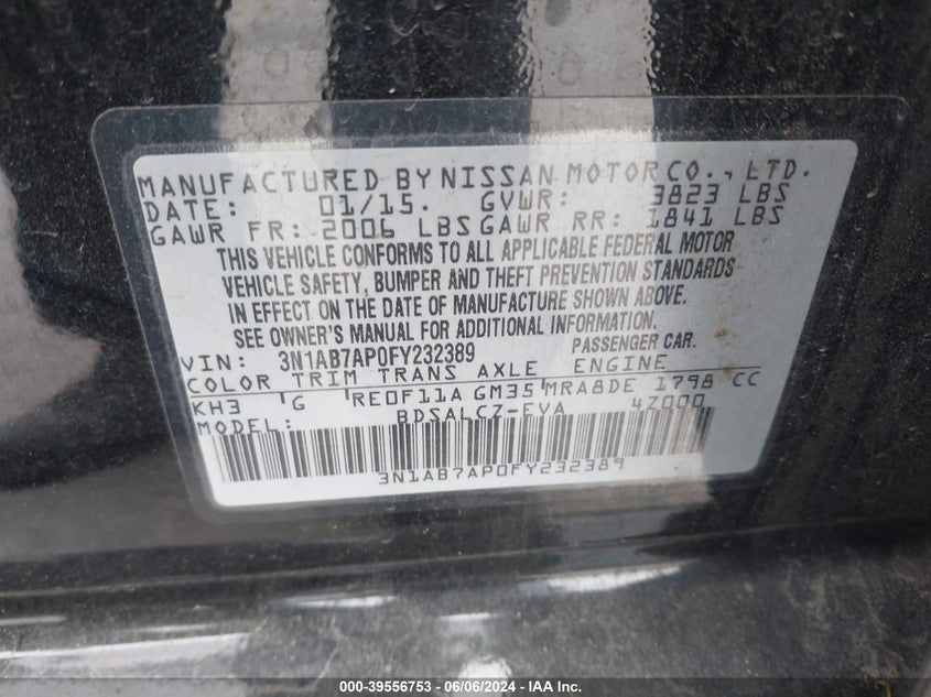 2015 Nissan Sentra S/Sv/Sr/Sl VIN: 3N1AB7AP0FY232389 Lot: 39556753