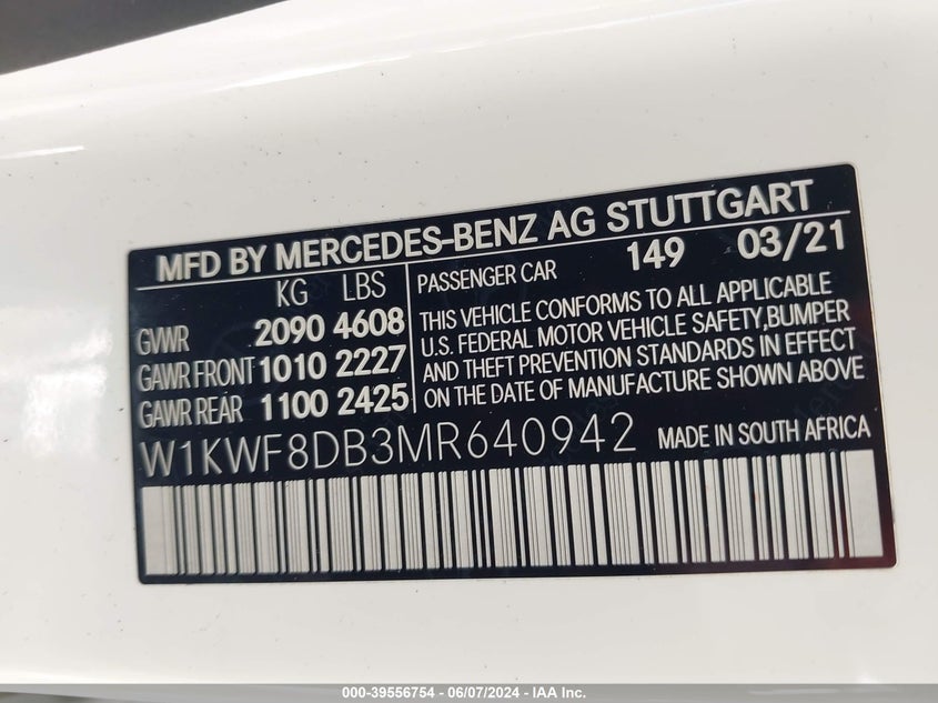 2021 Mercedes-Benz C 300 Sedan VIN: W1KWF8DB3MR640942 Lot: 39556754