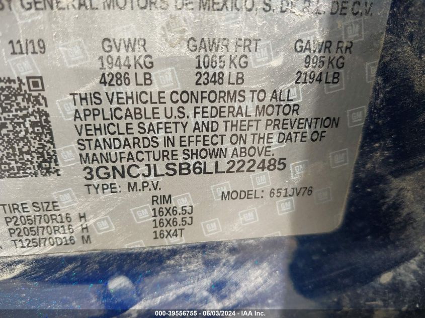 2020 Chevrolet Trax Fwd Lt VIN: 3GNCJLSB6LL222485 Lot: 39556755