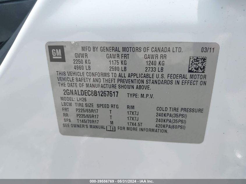 2011 Chevrolet Equinox 1Lt VIN: 2GNALDEC8B1267617 Lot: 39556769