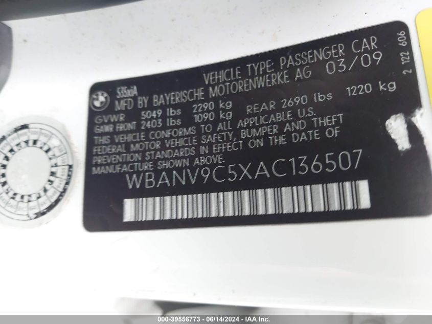 2010 BMW 535I xDrive VIN: WBANV9C5XAC136507 Lot: 39556773