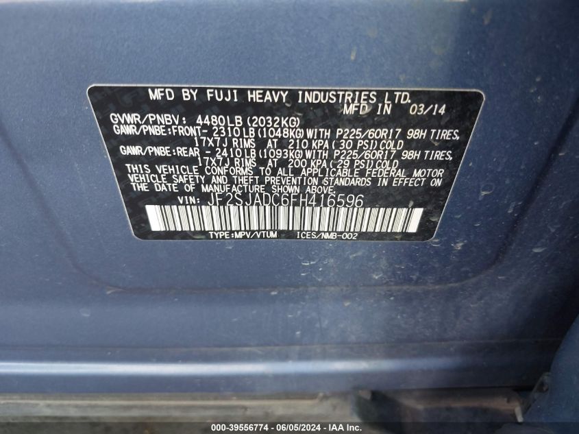 2015 Subaru Forester 2.5I Premium VIN: JF2SJADC6FH416596 Lot: 39556774