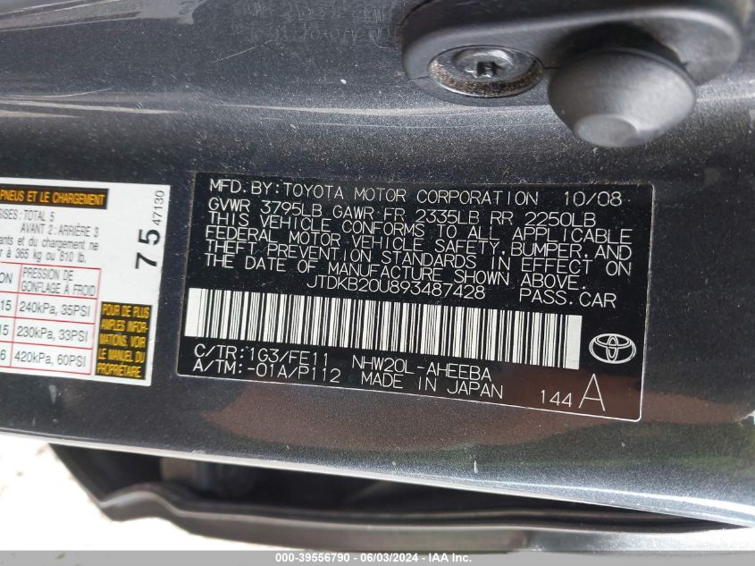 2009 Toyota Prius VIN: JTDKB20U893487428 Lot: 39556790