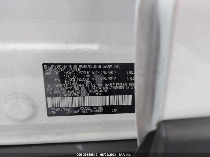 2021 Toyota Rav4 Xle VIN: 2T3W1RFV7MC140869 Lot: 39556812