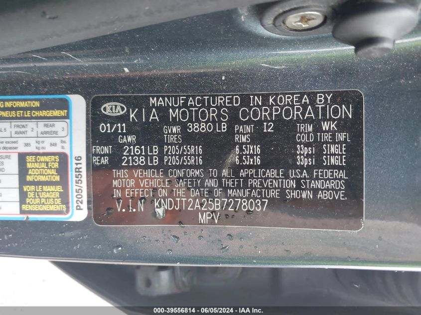 2011 Kia Soul + VIN: KNDJT2A25B7278037 Lot: 39556814