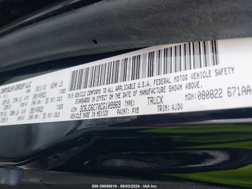 2012 Ram 1500 R/T VIN: 3C6JD6CT0CG109969 Lot: 39556816