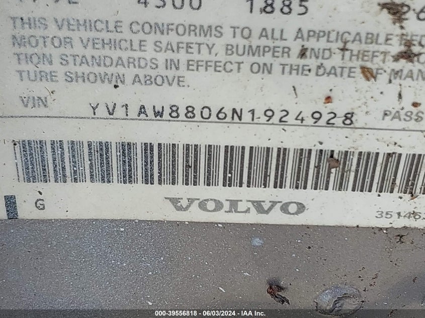 1992 Volvo 240 VIN: YV1AW8806N1924928 Lot: 39556818
