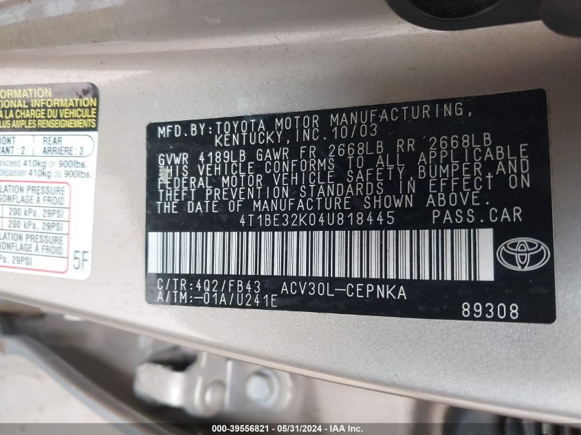 2004 Toyota Camry Le VIN: 4T1BE32K04U818445 Lot: 39556821