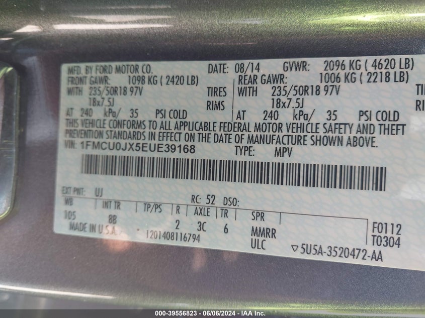 2014 Ford Escape Titanium VIN: 1FMCU0JX5EUE39168 Lot: 39556823