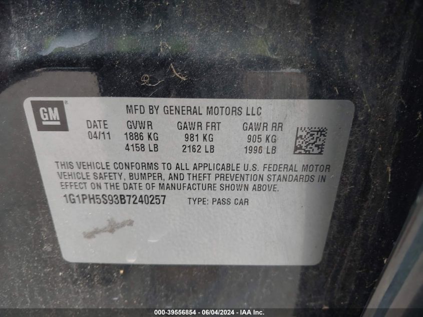 2011 Chevrolet Cruze Ltz VIN: 1G1PH5S93B7240257 Lot: 39556854