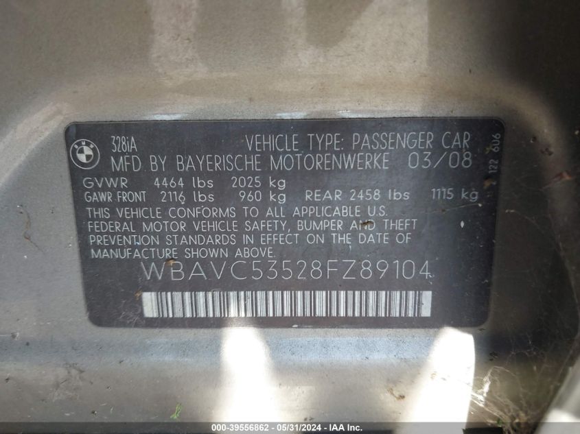 2008 BMW 328I VIN: WBAVC53528FZ89104 Lot: 39556862