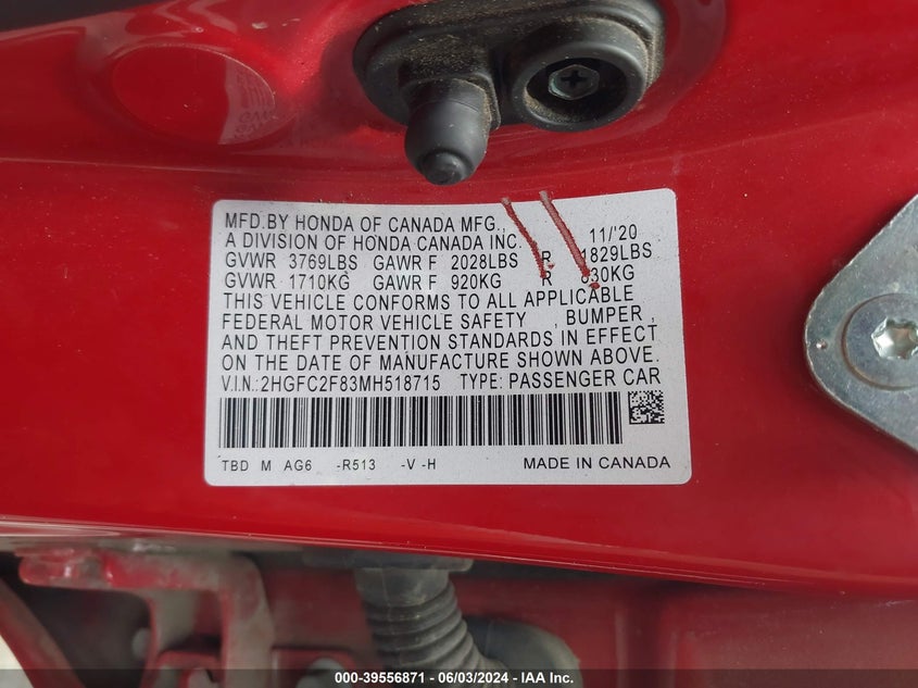 2021 HONDA CIVIC 2.0L I4 FI DOHC 16V (VIN: 2HGFC2F83MH518715