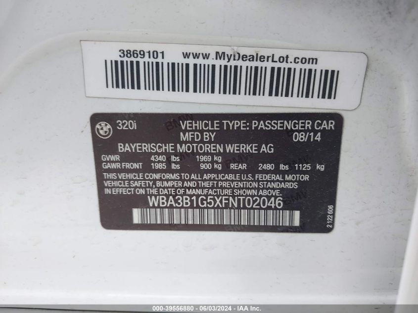 2015 BMW 320I VIN: WBA3B1G5XFNT02046 Lot: 39556880