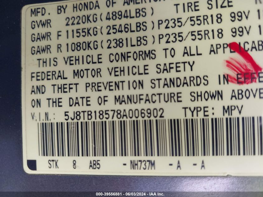 2008 Acura Rdx VIN: 5J8TB18578A006902 Lot: 39556881