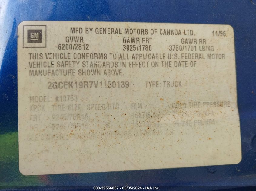 1997 Chevrolet Gmt-400 K1500 VIN: 2GCEK19R7V1150139 Lot: 39556887