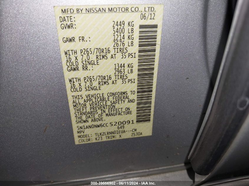 2012 Nissan Xterra S VIN: 5N1AN0NW6CC520091 Lot: 39556902