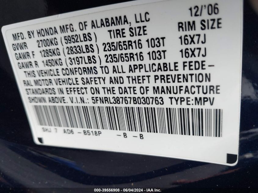 2007 Honda Odyssey Ex-L VIN: 5FNRL38767B030763 Lot: 39556908