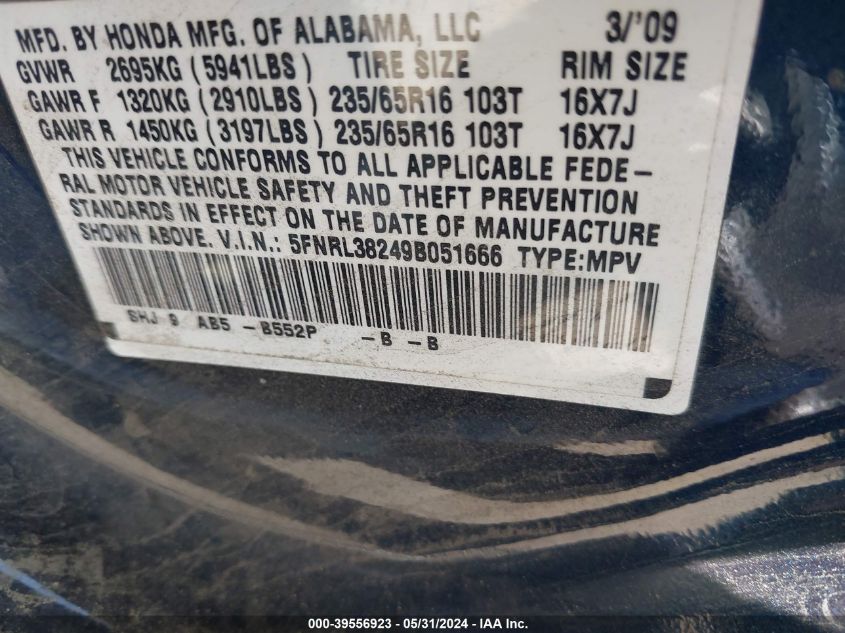 2009 Honda Odyssey Lx VIN: 5FNRL38249B051666 Lot: 39556923