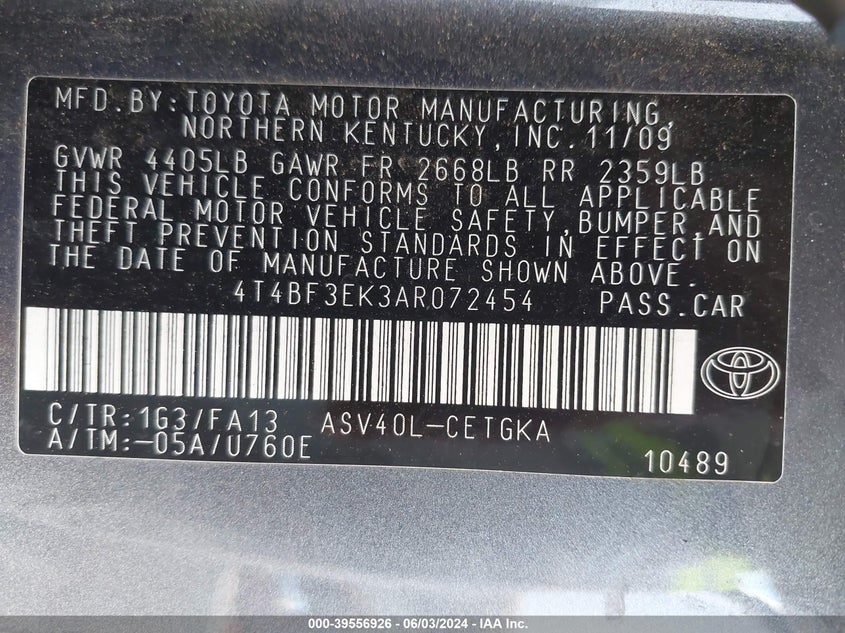 2010 Toyota Camry Xle VIN: 4T4BF3EK3AR072454 Lot: 39556926