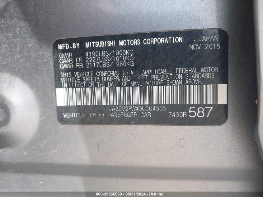 2016 Mitsubishi Lancer Es VIN: JA32V2FW4GU004555 Lot: 39556930