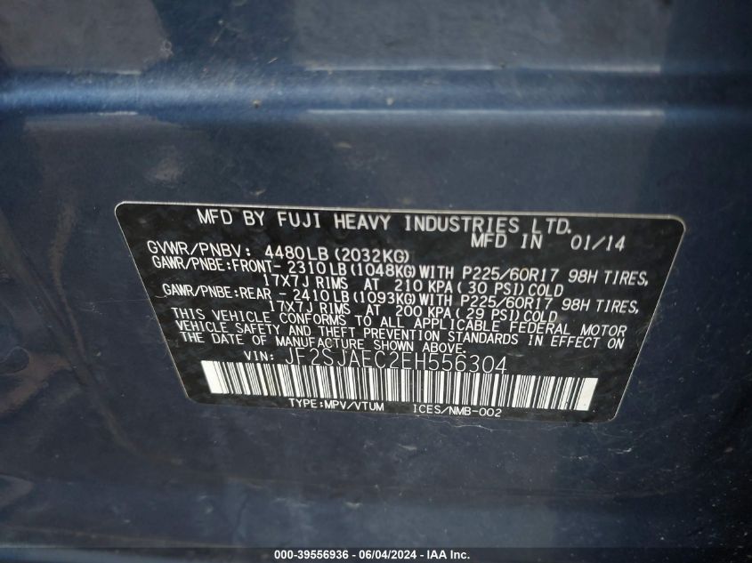 2014 Subaru Forester 2.5I Premium VIN: JF2SJAEC2EH556304 Lot: 39556936