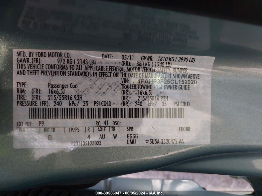 2012 Ford Focus Se VIN: 1FAHP3F25CL152020 Lot: 39556947