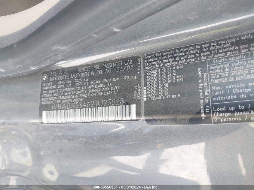 2002 BMW 330Ci VIN: WBABS53462JU93028 Lot: 39556961
