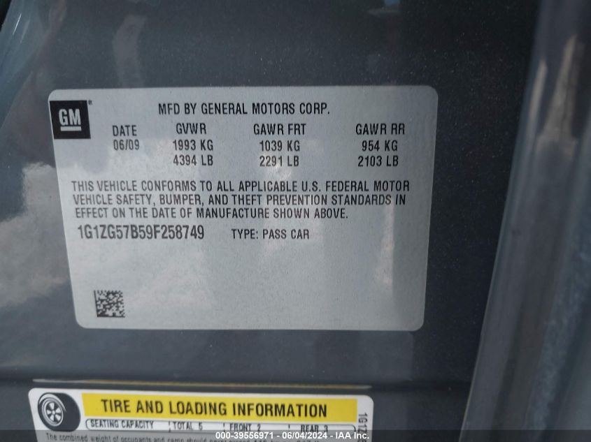 2009 Chevrolet Malibu Ls VIN: 1G1ZG57B59F258749 Lot: 39556971