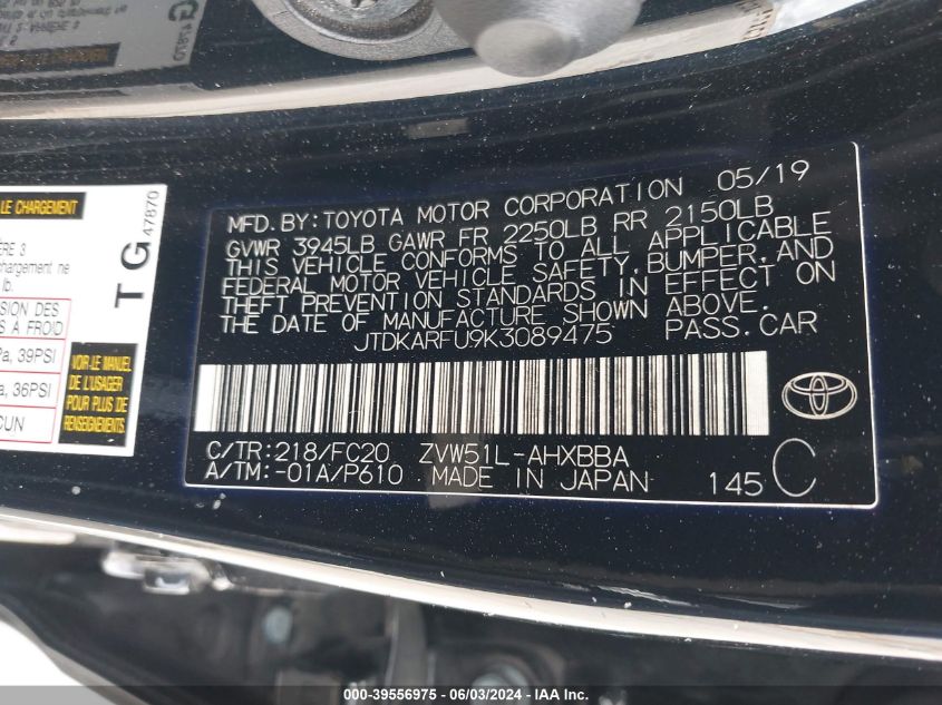 2019 Toyota Prius L Eco VIN: JTDKARFU9K3089475 Lot: 39556975