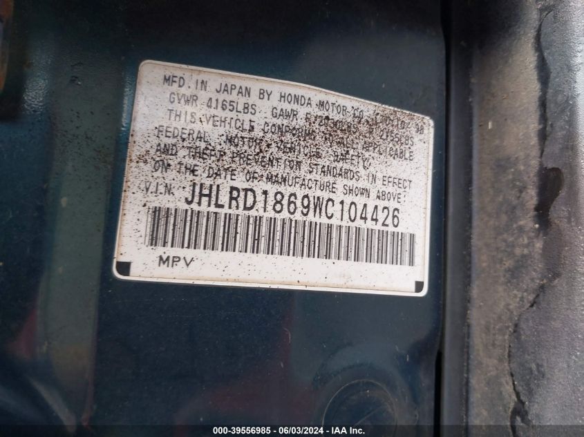 1998 Honda Cr-V Ex VIN: JHLRD1869WC104426 Lot: 39556985