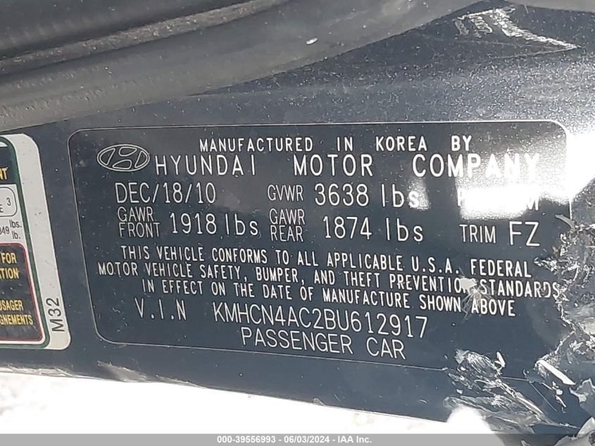 2011 Hyundai Accent Gls VIN: KMHCN4AC2BU612917 Lot: 39556993