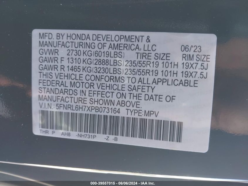 2023 Honda Odyssey Sport VIN: 5FNRL6H7XPB073164 Lot: 39557015