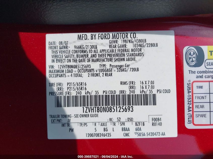 2008 Ford Mustang V6 Deluxe/V6 Premium VIN: 1ZVHT80N085125693 Lot: 39557021