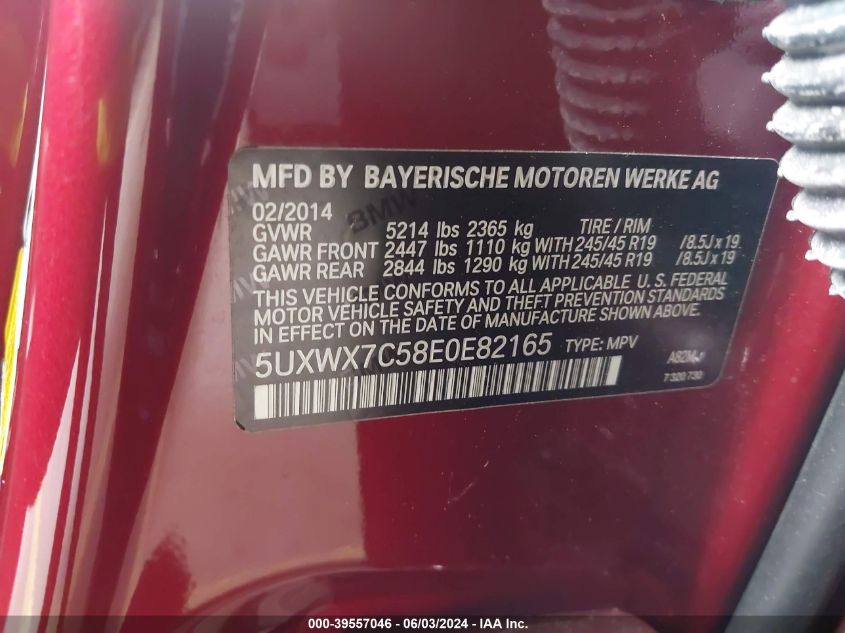 2014 BMW X3 xDrive35I VIN: 5UXWX7C58E0E82165 Lot: 39557046