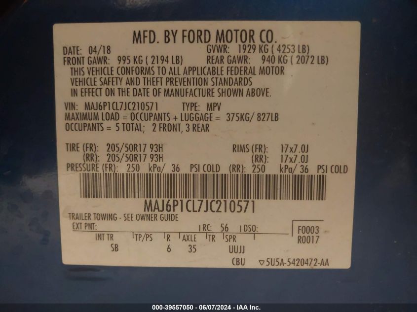 2018 Ford Ecosport Ses VIN: MAJ6P1CL7JC210571 Lot: 39557050