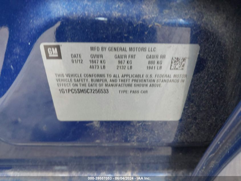 2012 Chevrolet Cruze Ls VIN: 1G1PC5SH5C7256533 Lot: 39557053