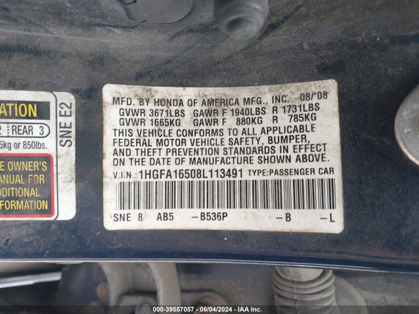 2008 Honda Civic Lx VIN: 1HGFA16508L113491 Lot: 39557057