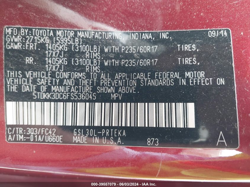 2015 Toyota Sienna Le 8 Passenger VIN: 5TDKK3DC6FS536045 Lot: 39557079