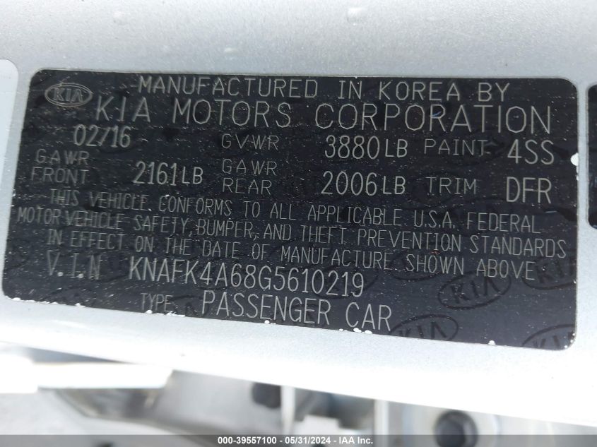 2016 Kia Forte Lx VIN: KNAFK4A68G5610219 Lot: 39557100
