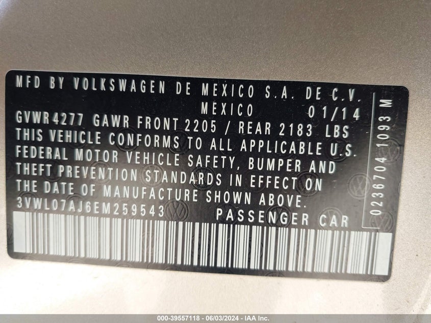 2014 Volkswagen Jetta 1.8T Sel VIN: 3VWL07AJ6EM259543 Lot: 39557118